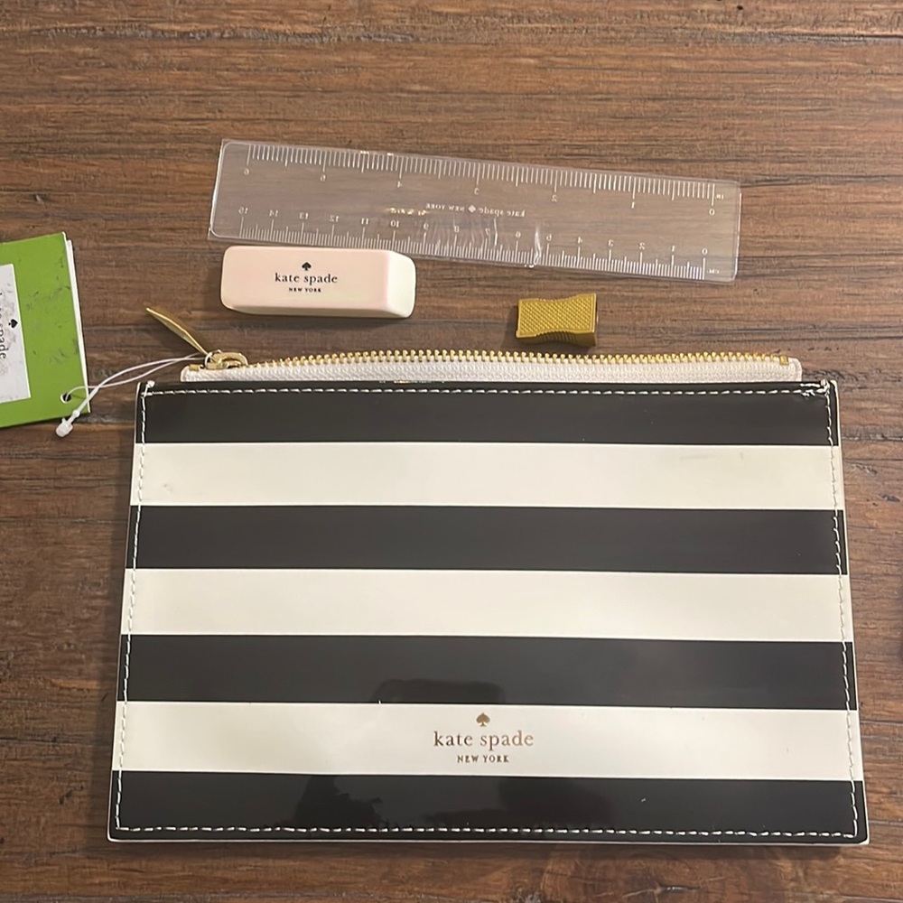 Kate Spade Black and White Striped Pencil Pouch